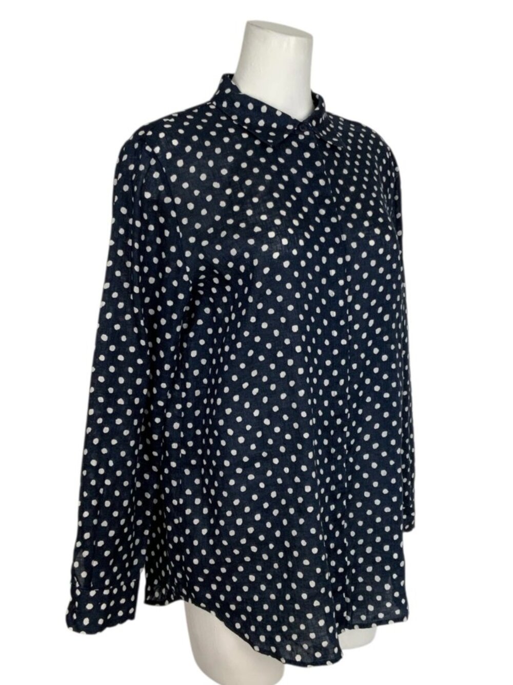 Lafayette 148 NY Linen Button Front Shirt L Blue Polka Dot Natural Fiber - Picture 4 of 15